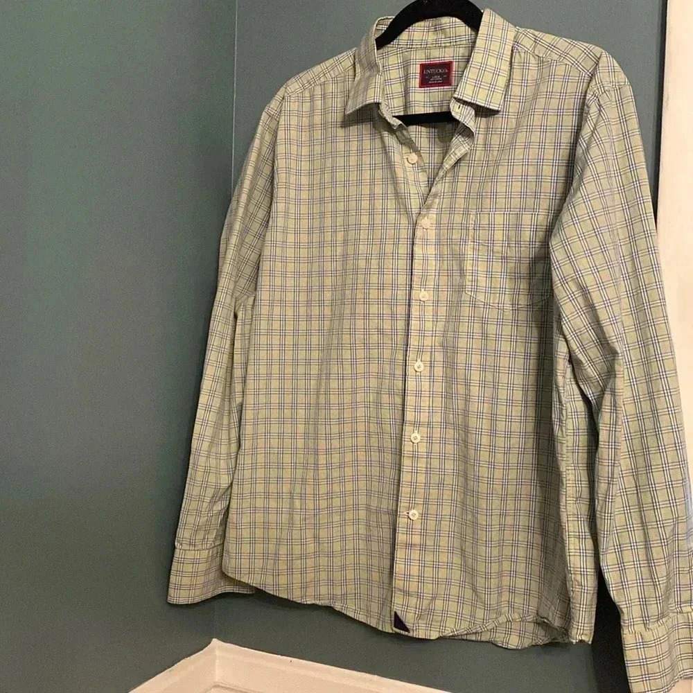 UNTICKit men’s large button down shirt - 100% cotton - green/blue plaid large